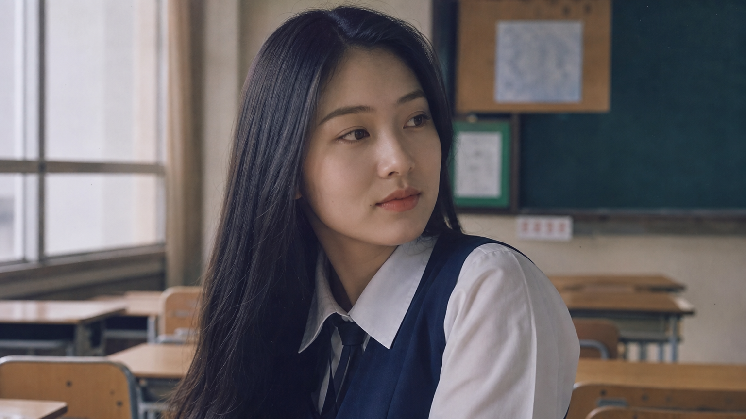 긴 생머리를 한 젊은 여성의 교복 시절 모습