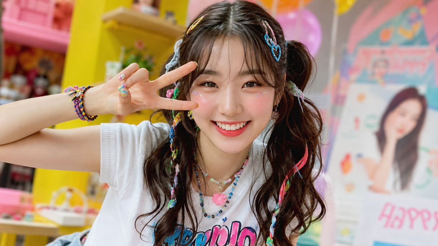 컬러풀한 액세서리와 웨이브 머리를 한 활기찬 여성
