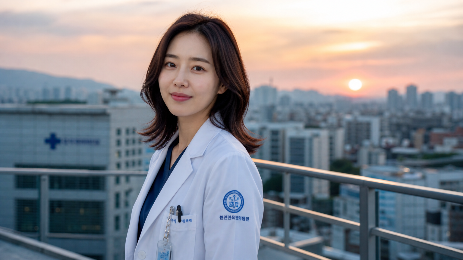 병원 옥상에서 내추럴 웨이브 헤어를 한 여성 의사