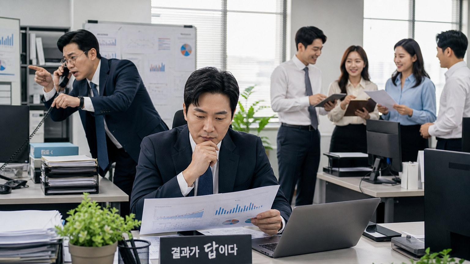 다양한 유형의 한국 관리자들이 각각 다른 업무 스타일을 보여주는 장면