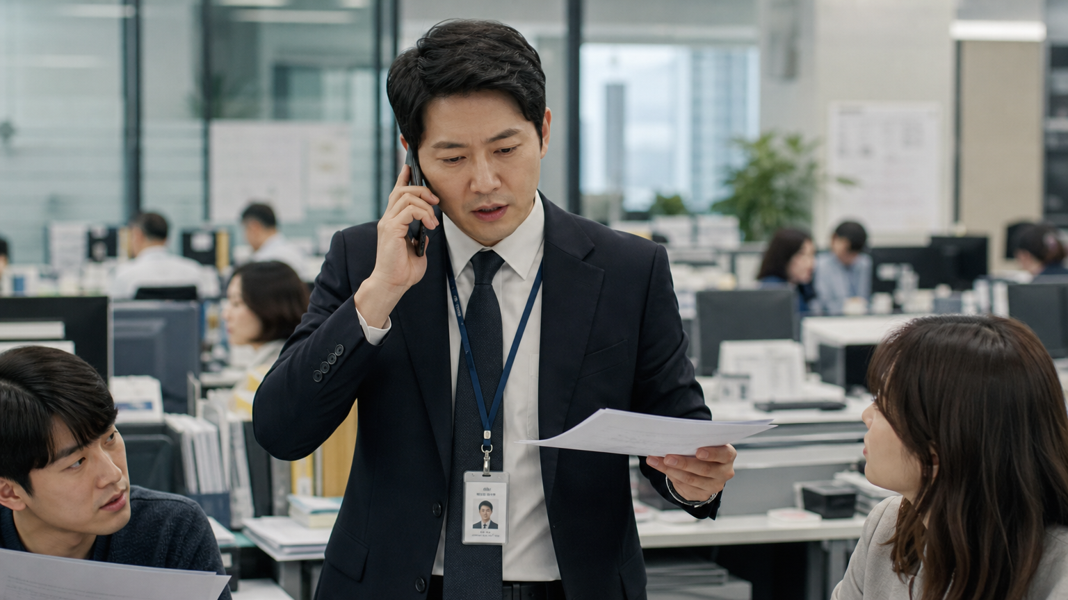 한국 중간 관리자가 팀과 상사 사이에서 균형을 맞추는 모습