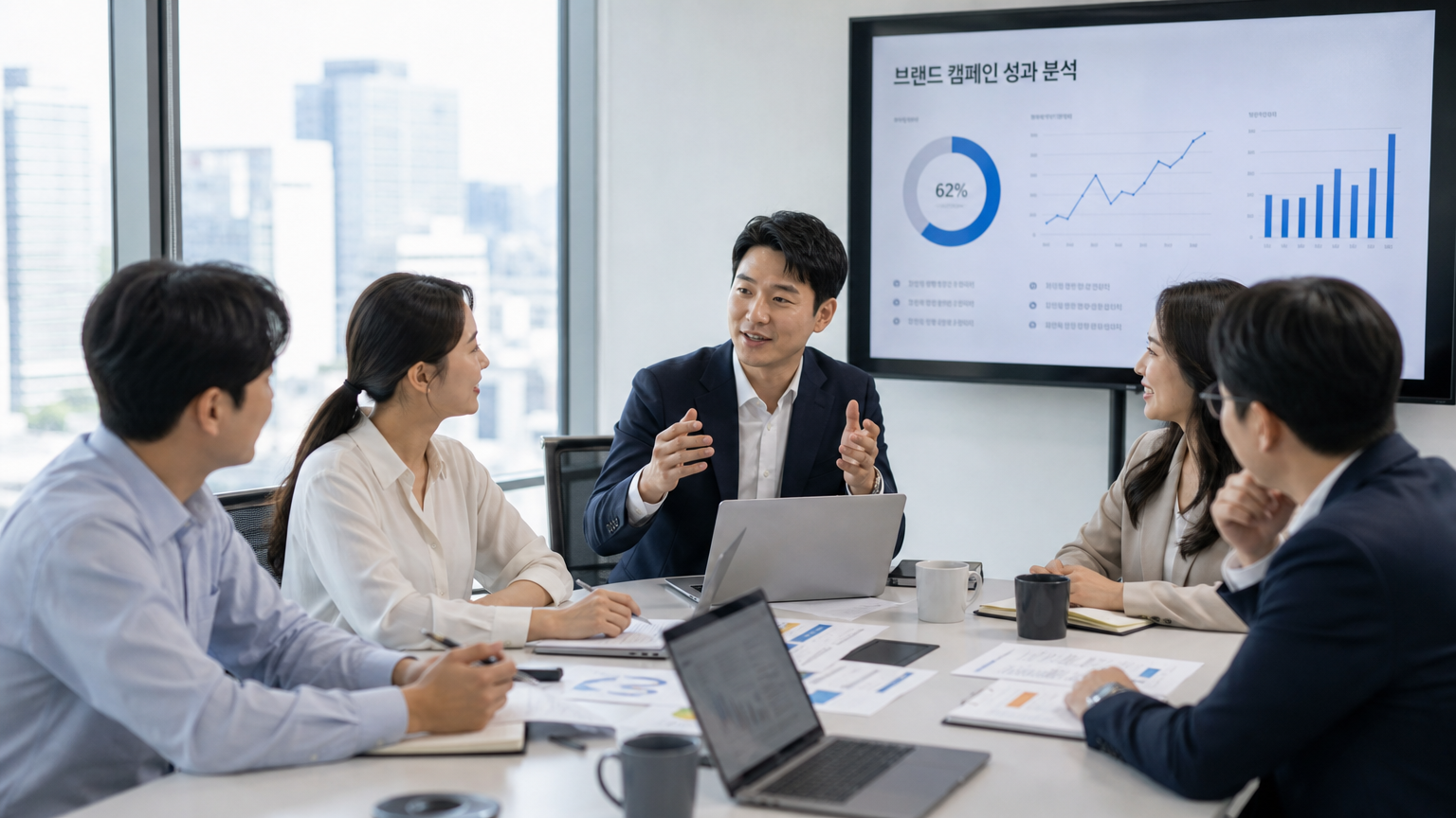 밝은 회의실에서 적극적으로 의견을 나누고 피드백하는 한국 비즈니스 미팅 장면