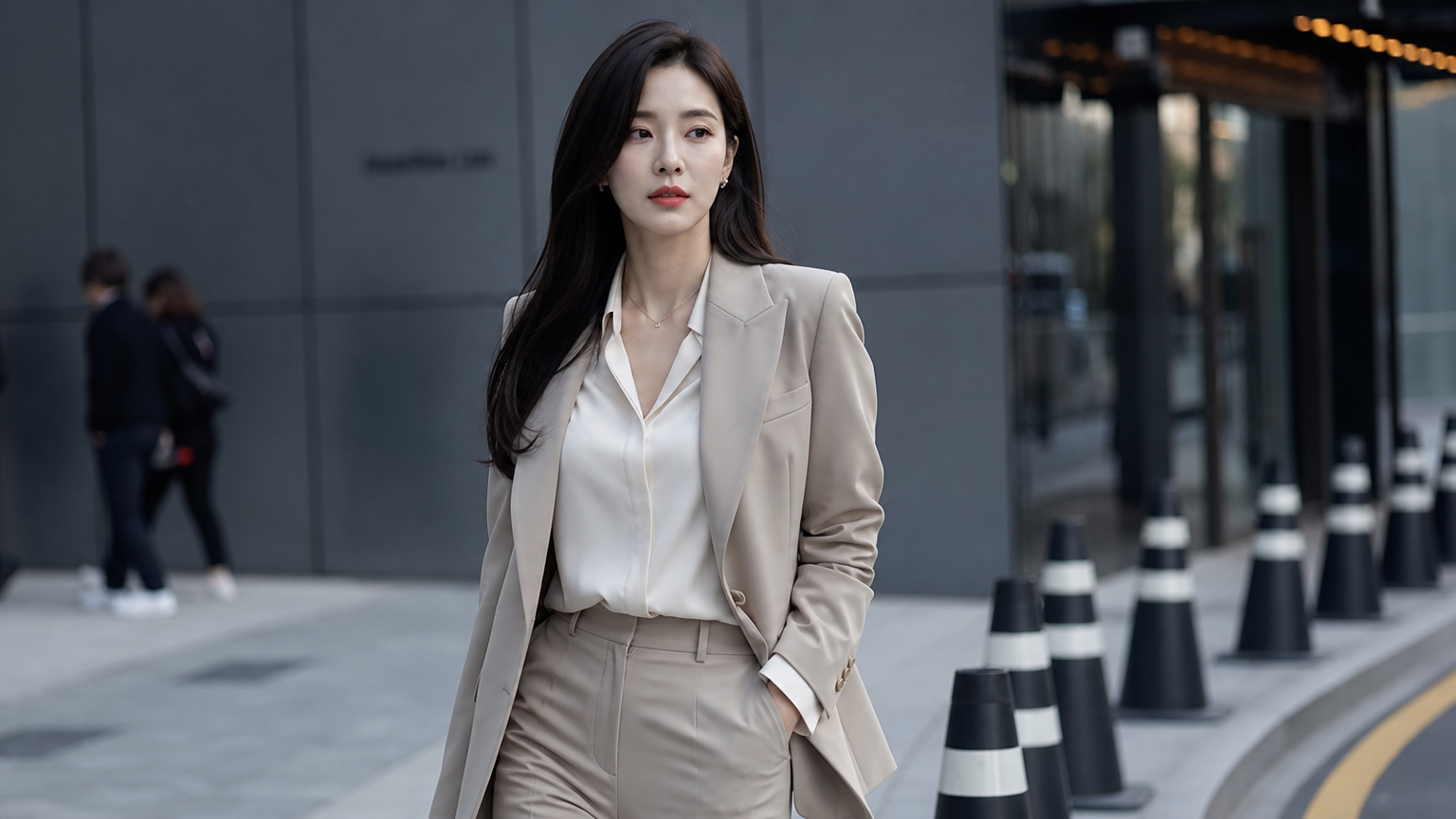 도시에서 세련된 수트를 입고 있는 현대적 배우의 모습