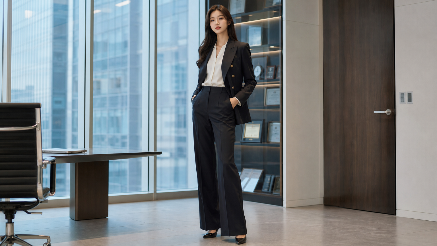 사무실 환경에서 세련된 의상을 통해 자신감을 드러내는 한국 여성