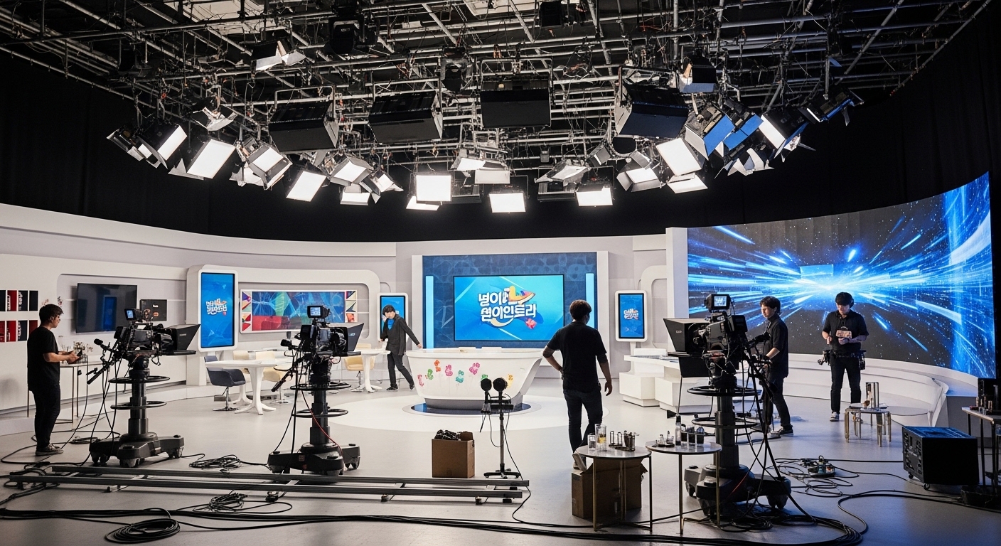 현대적인 한국 TV 스튜디오에서 리얼리티 쇼 촬영 준비 중인 모습
