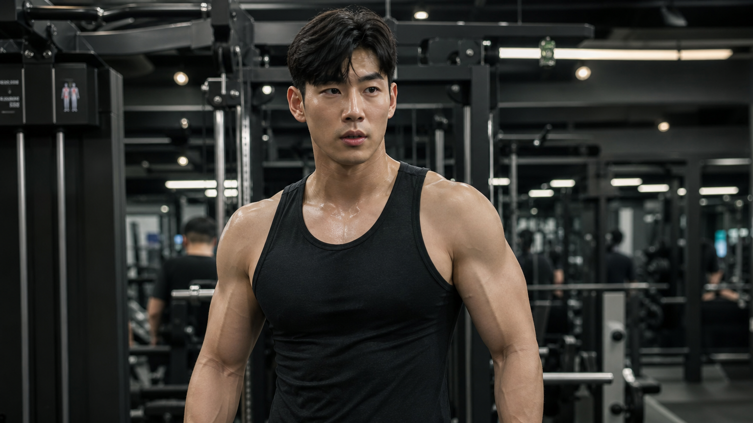 헬스장에서 운동에 집중하는 남성의 모습으로 건강한 라이프스타일을 보여주는 장면