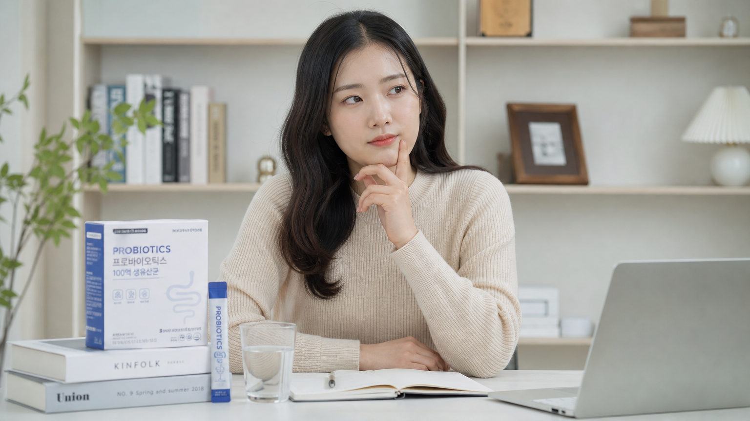 현대식 사무실에서 유산균을 보며 장 건강을 고민하는 여성