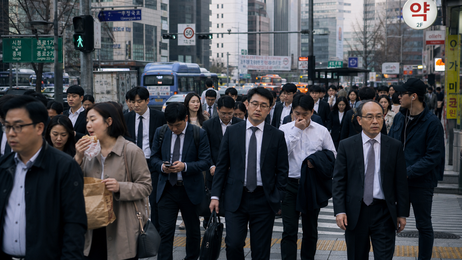 서울 도심 속 바쁜 일상과 패스트푸드로 식사하는 직장인들