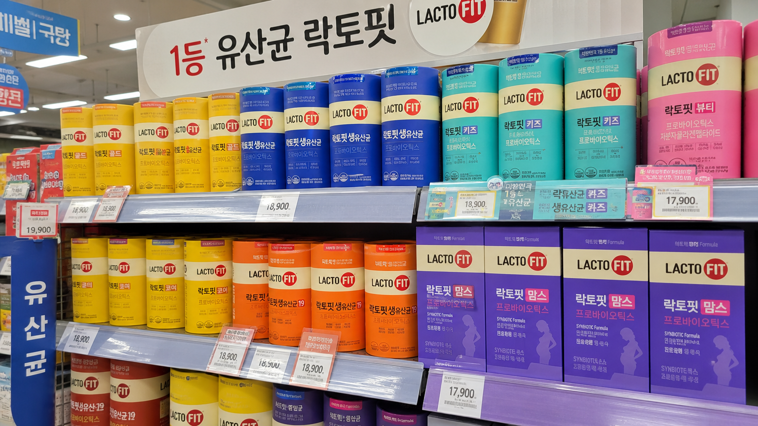 슈퍼마켓에서 다양한 락토핏 제품이 진열된 모습