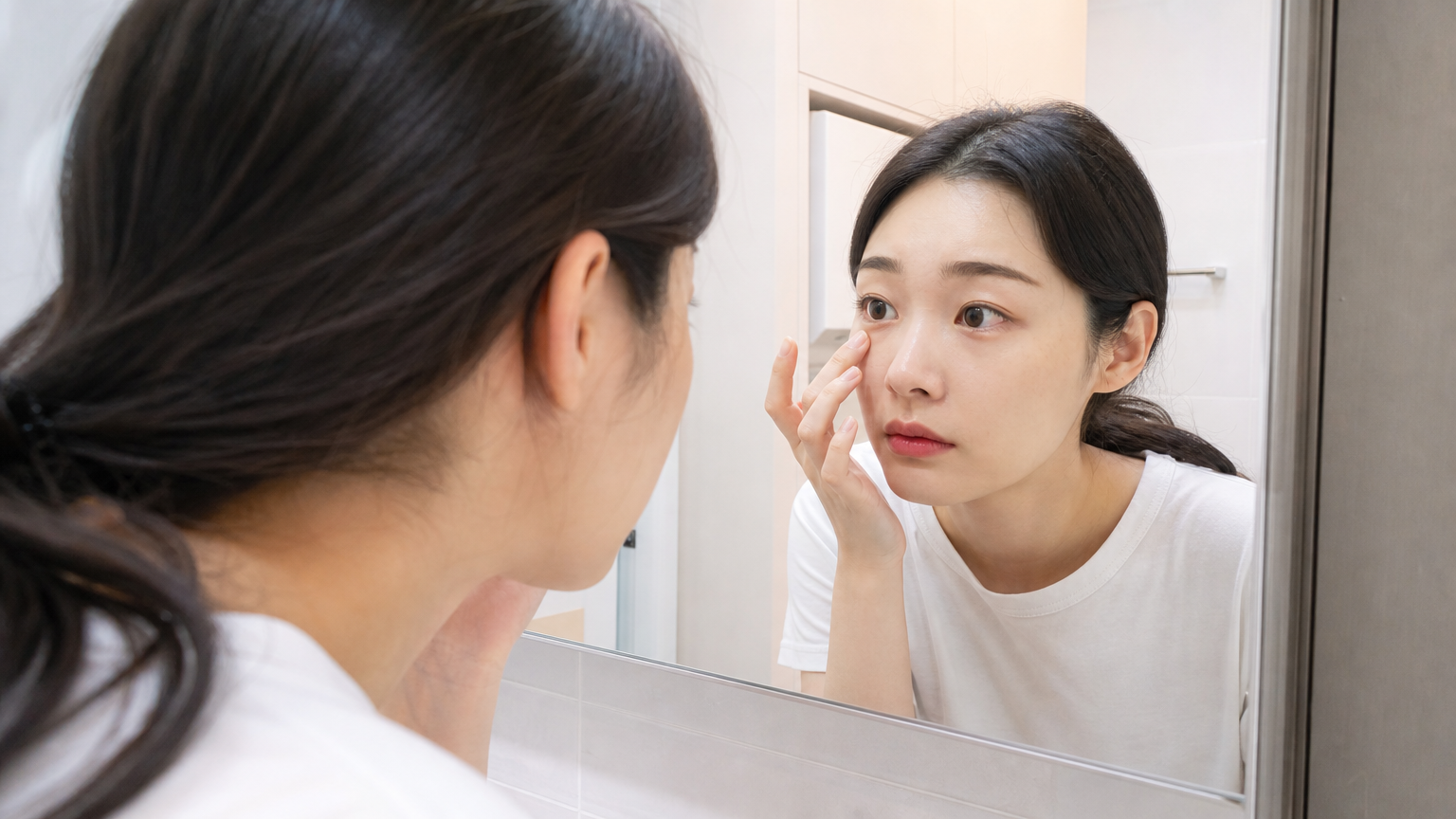 집에서 거울을 보며 자신의 눈 상태를 점검하는 젊은 여성의 모습