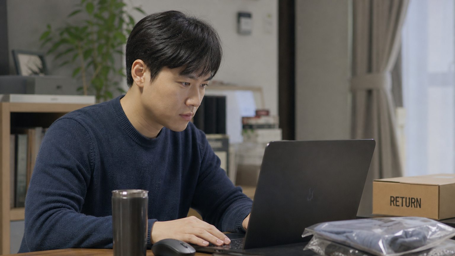 한국의 직장인이 집에서 노트북으로 온라인 쇼핑 반품 과정을 집중해서 진행하는 모습
