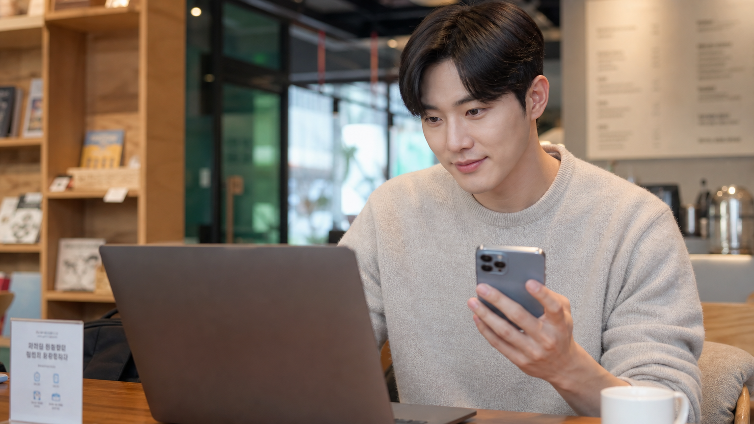 아늑한 카페에서 새 스마트폰을 들고 노트북으로 요금제를 비교하는 젊은 한국 직장인의 모습