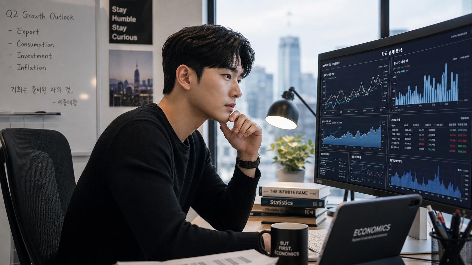 사무실 환경에서 컴퓨터 화면을 보며 경제 차트와 그래프를 분석하는 젊은 경제학자