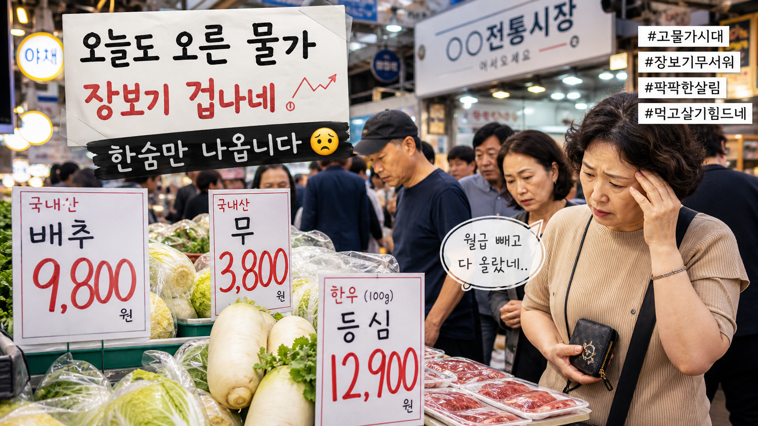 높은 가격표가 붙은 상품들과 걱정스러운 표정의 쇼핑객들이 있는 번화한 시장 장면