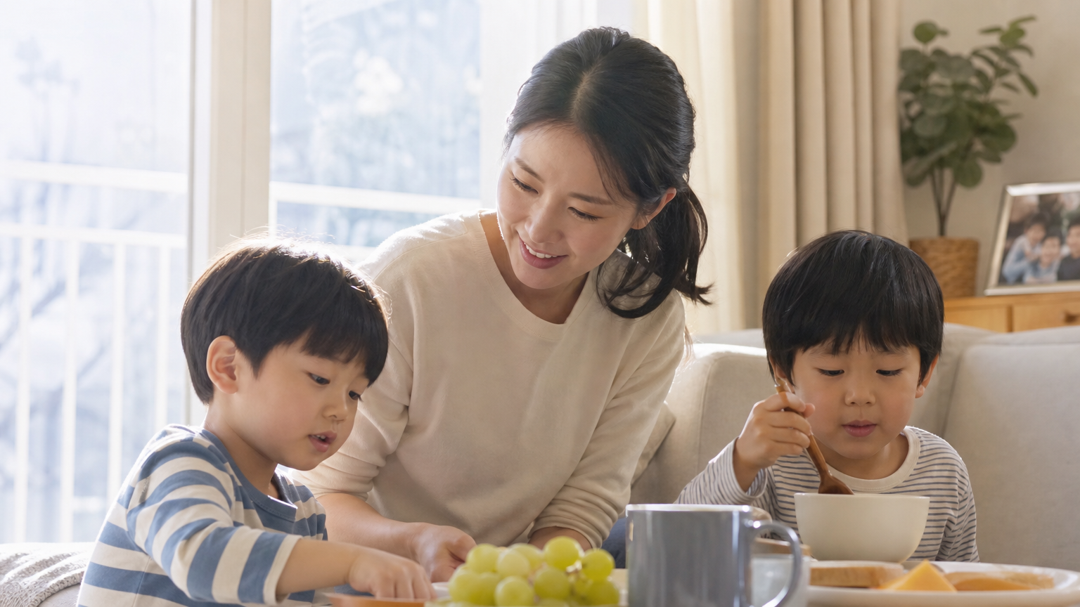 두 아들과 함께 아침 일상을 보내는 한국인 어머니의 모습