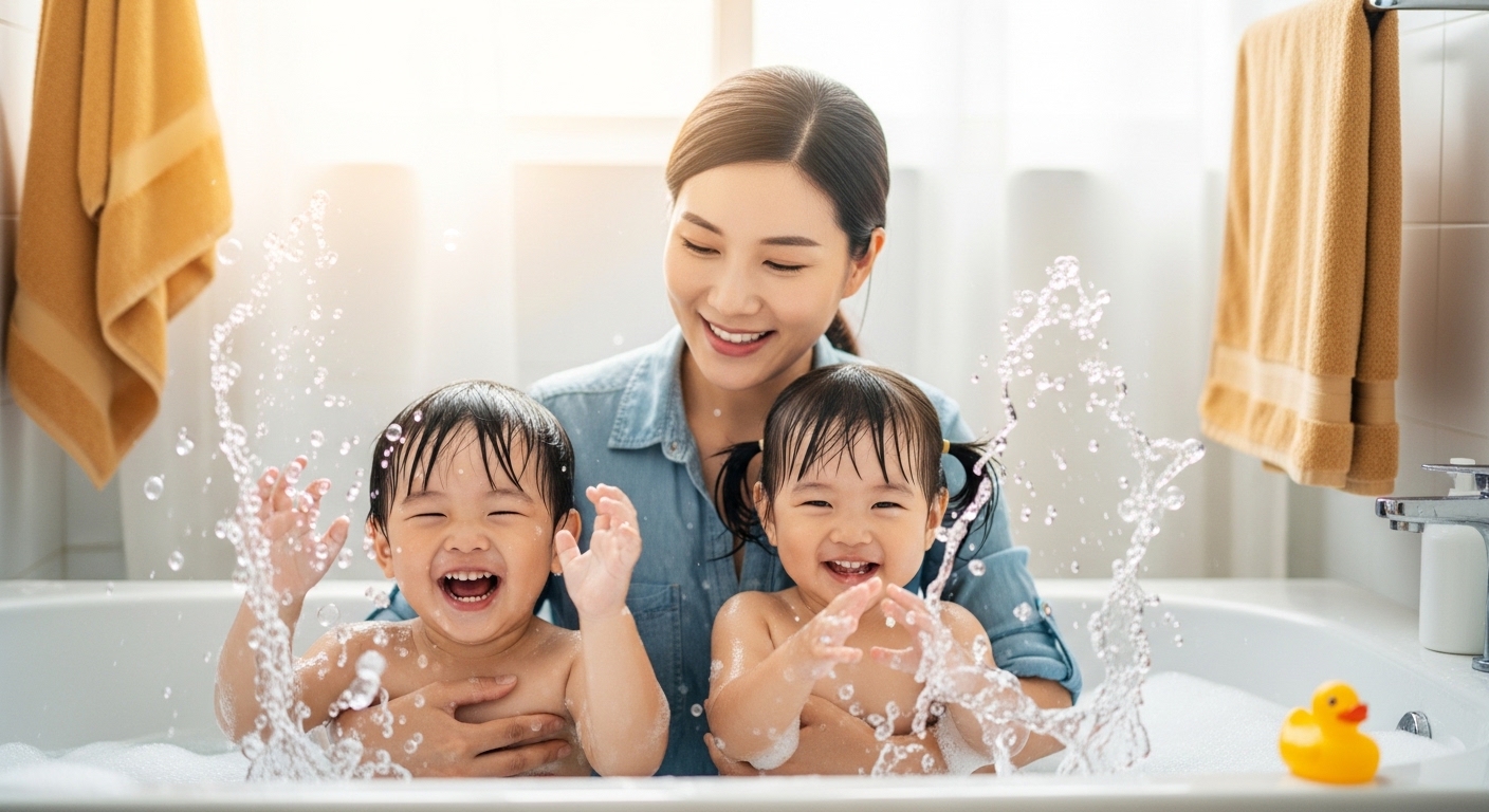 욕조에서 두 아이와 물장난을 치며 목욕하는 생생한 장면