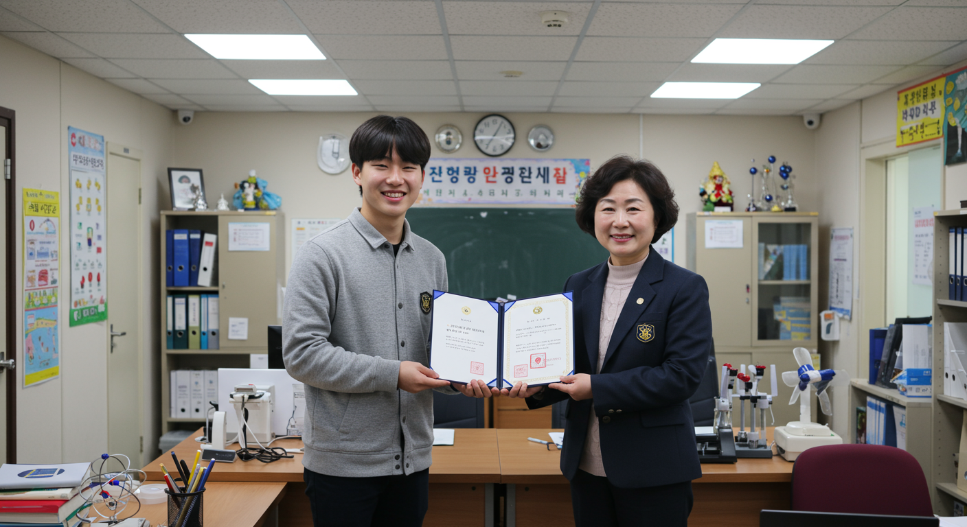 학교 사무실에서 장학증서를 받는 한국 학생