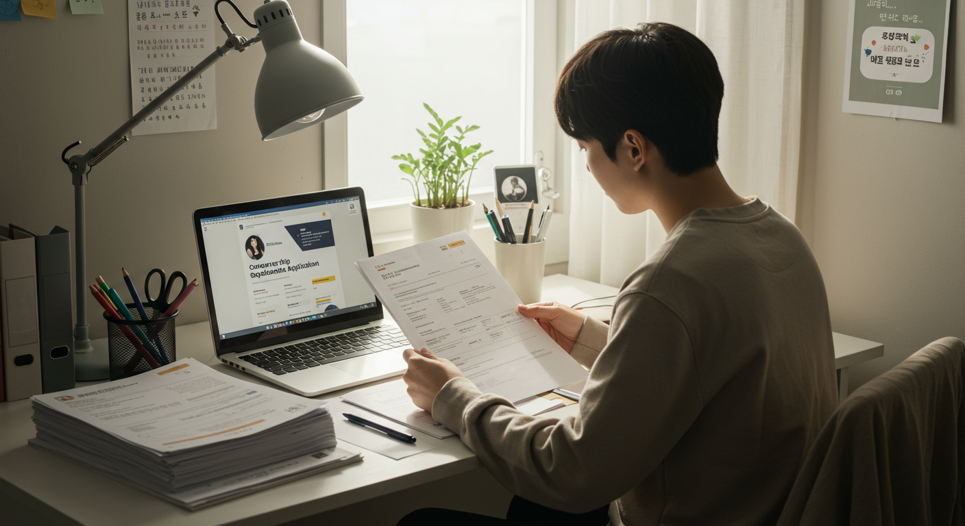 집에서 장학금 제출 서류를 준비하는 한국 학생