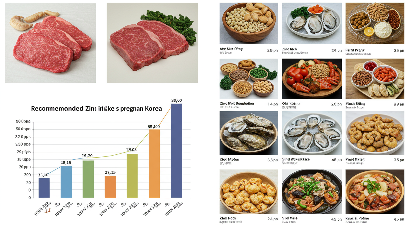 한국 임산부의 아연 권장 섭취량을 설명하는 인포그래픽 스타일 장면