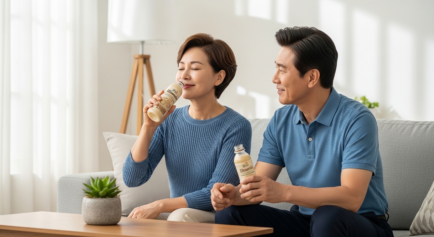 거실에서 활력을 느끼며 알부민 음료를 마시는 중년 부부