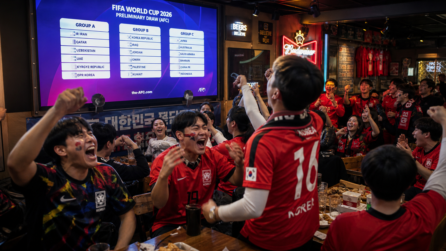 축구 팬들이 카페에서 월드컵 조추첨을 보는 모습