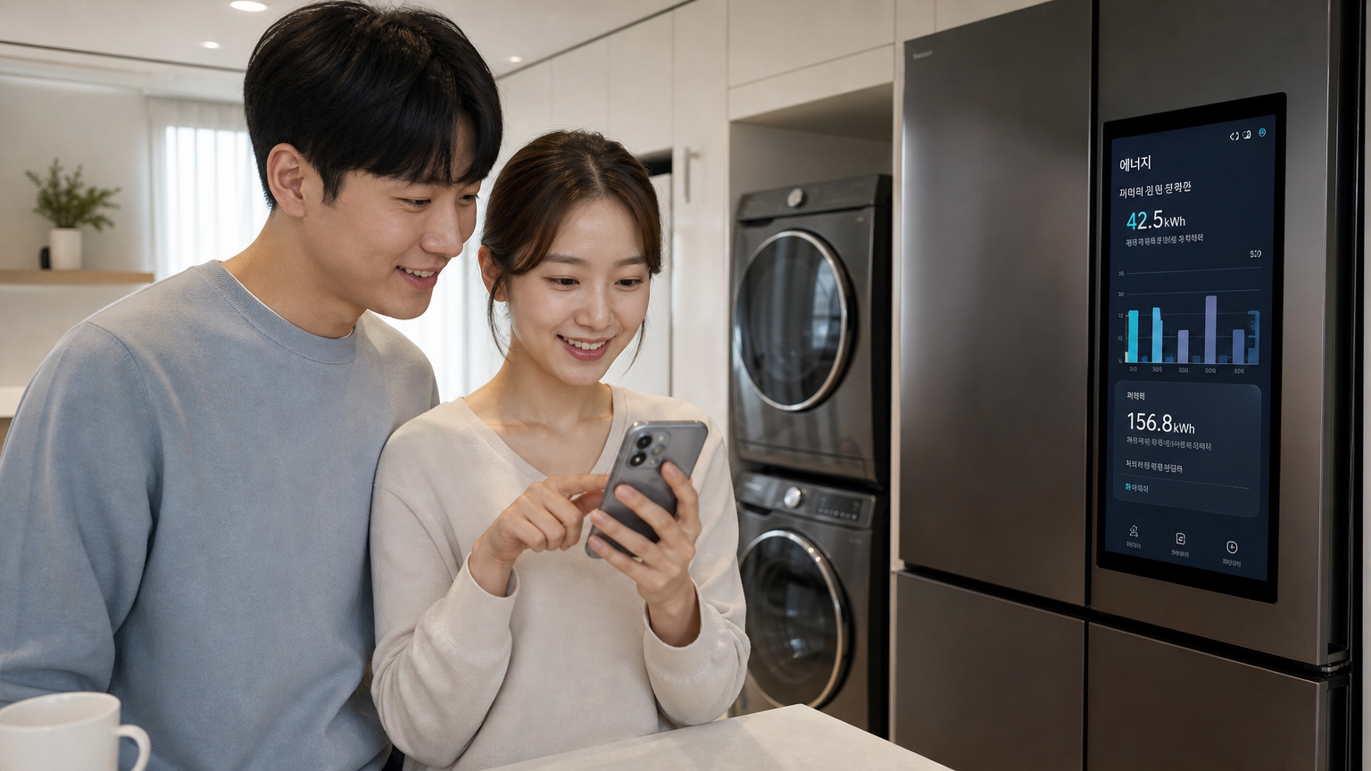 스마트폰 앱으로 삼성 가전의 에너지 소비를 모니터링하는 모습