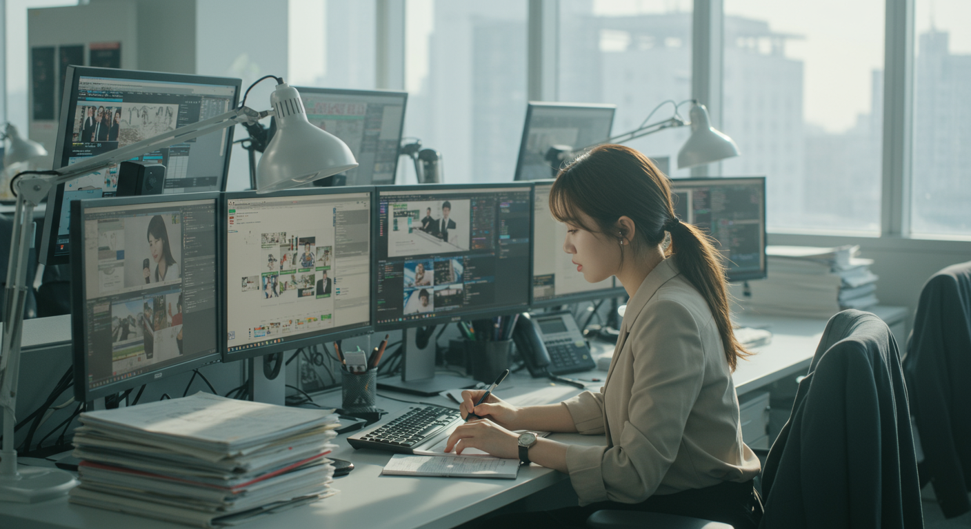 현대적인 사무실에서 기사 작성에 집중하는 젊은 기자의 모습