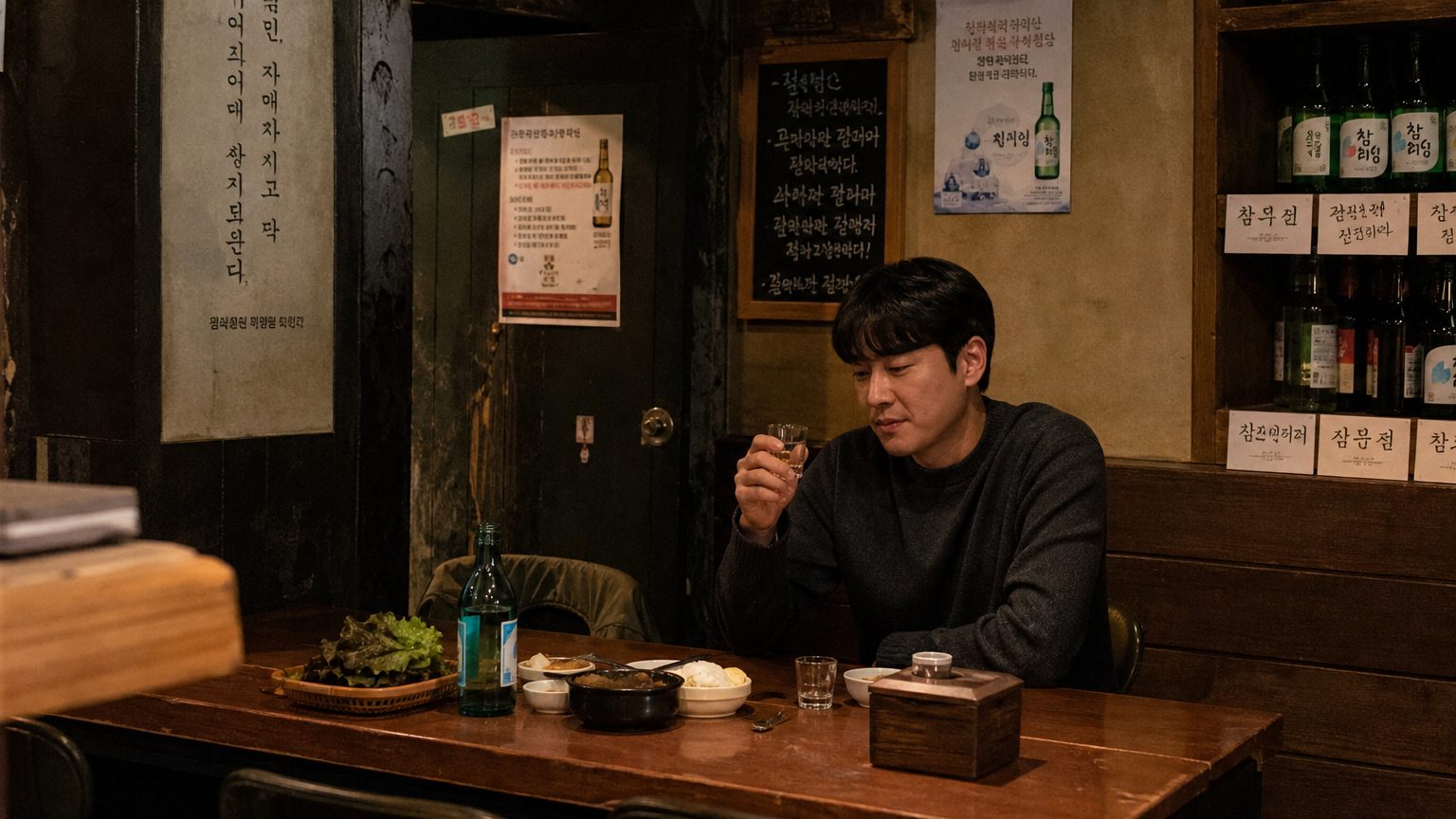 조용한 코너에서 음료를 즐기는 한국 남성의 아늑한 호프집 내부
