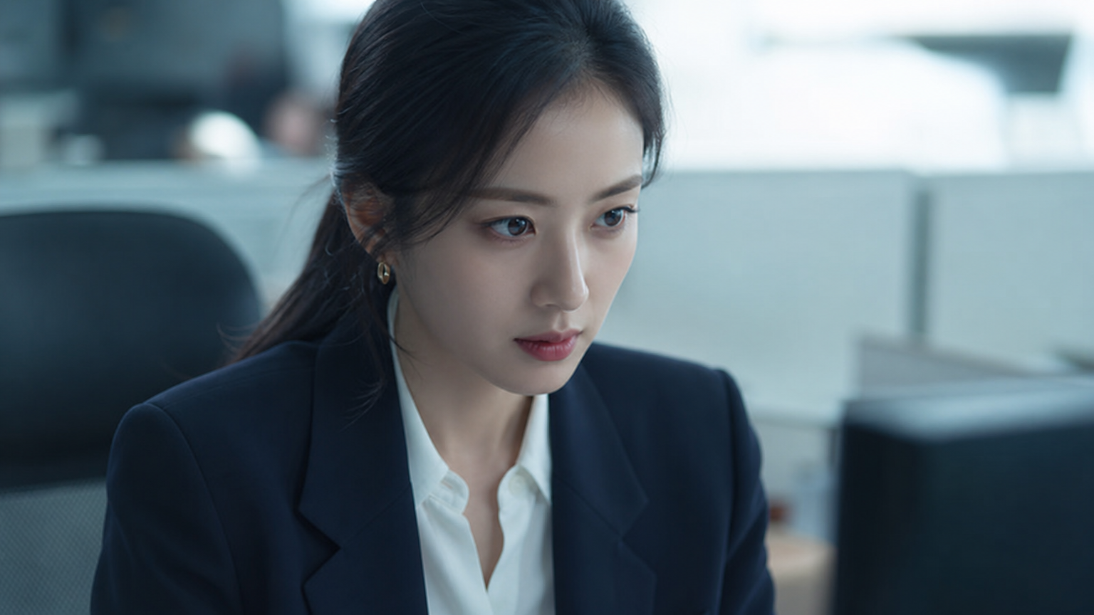 세련된 정장을 입고 연기를 펼치는 드라마 속 캐릭터