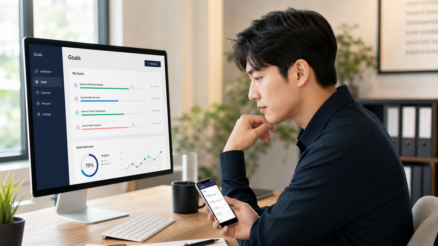 젊은 직장인이 디지털 플랫폼에서 목표를 설정하는 모습