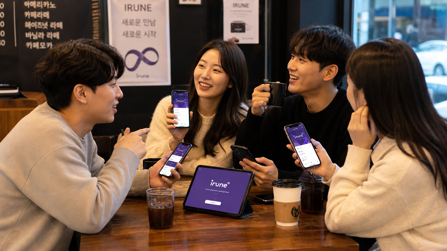 카페에서 스마트폰으로 이루네 플랫폼을 사용하는 젊은이들