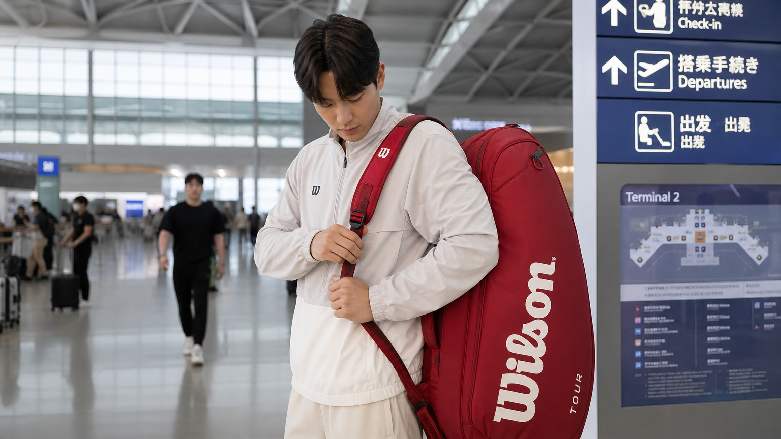 공항 터미널에서 다양한 휴대 방법을 보여주는 윌슨 투어백을 조절하는 운동선수