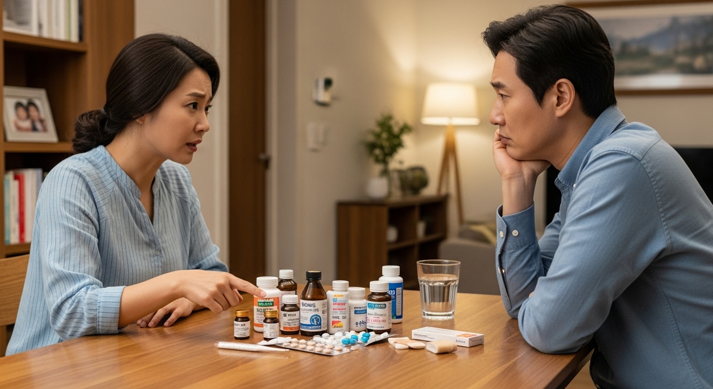 집에서 약을 두고 아픈 아이를 위해 고민하는 부모의 모습