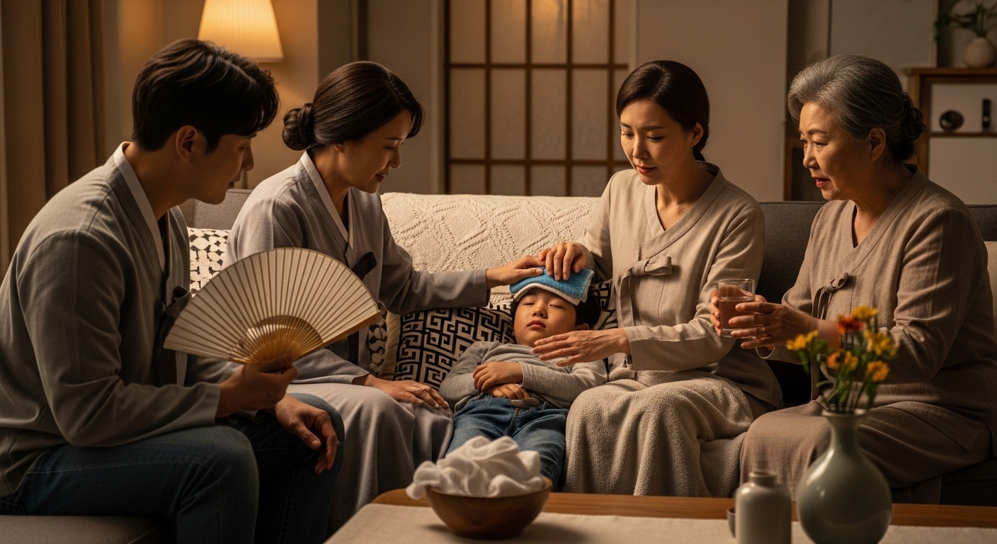 젖은 수건과 선풍기를 이용해 아이의 열을 식히려는 가족의 모습