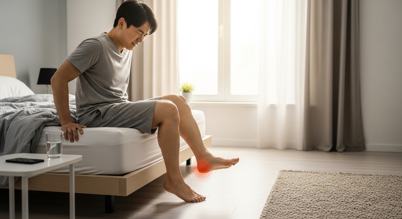아침에 침대에서 일어날 때 발 뒤꿈치 통증을 느끼는 사람