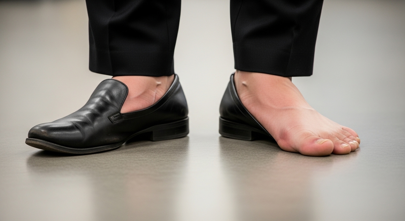 바쁜 하루 중 딱딱한 바닥 위에서 불편한 신발을 신은 직장인의 모습