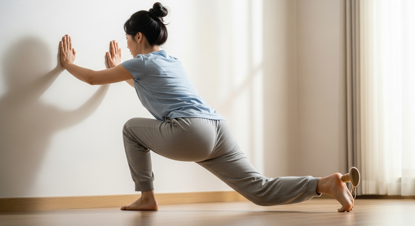 집에서 아킬레스건 스트레칭을 하고 있는 여성의 모습