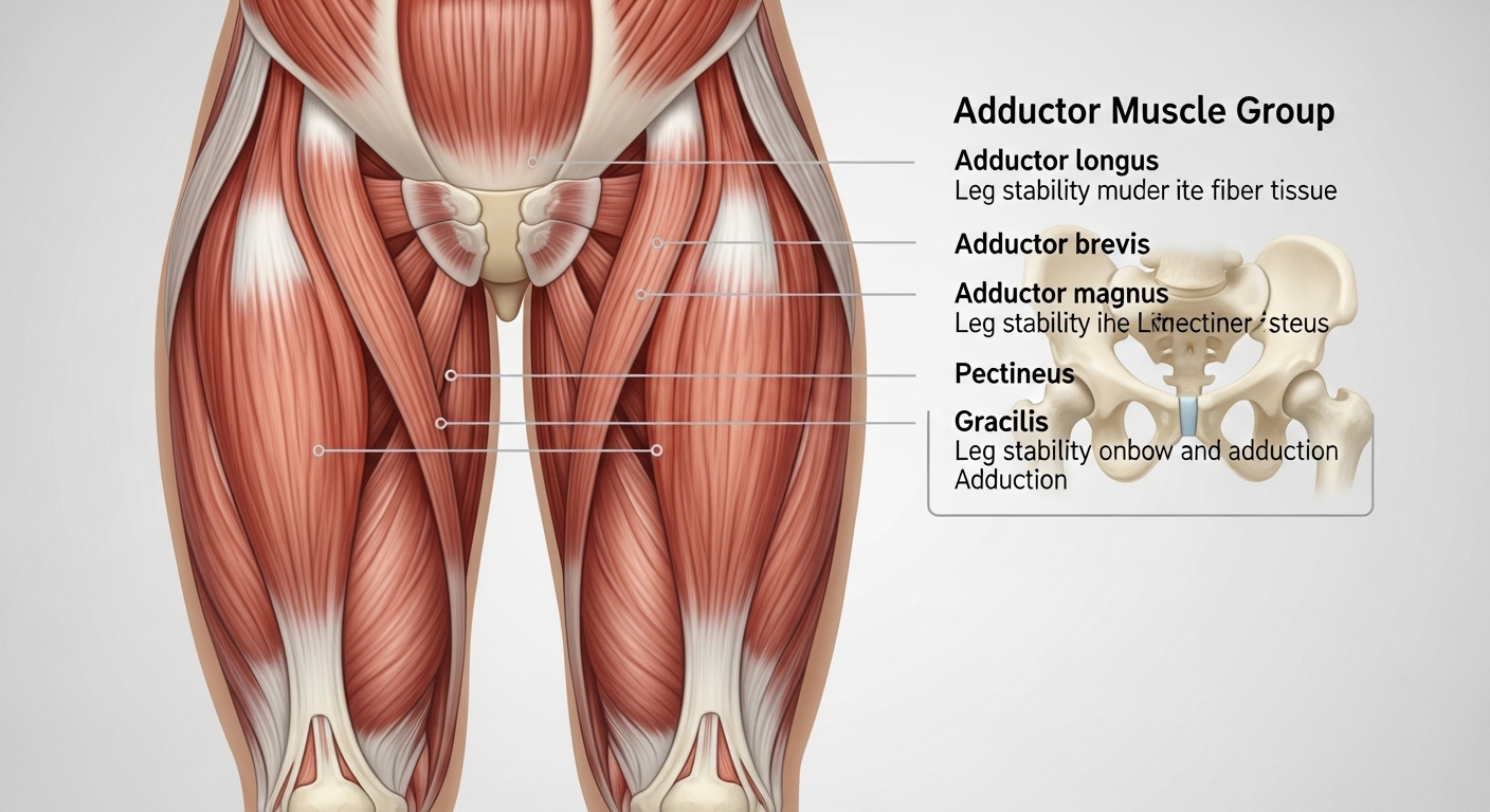 허벅지 내전근의 해부학적 이미지와 안정성 역할 설명