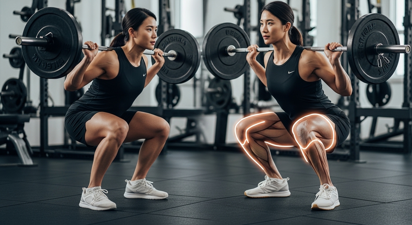 일반 스쿼트와 와이드 스쿼트를 비교하는 운동 장면