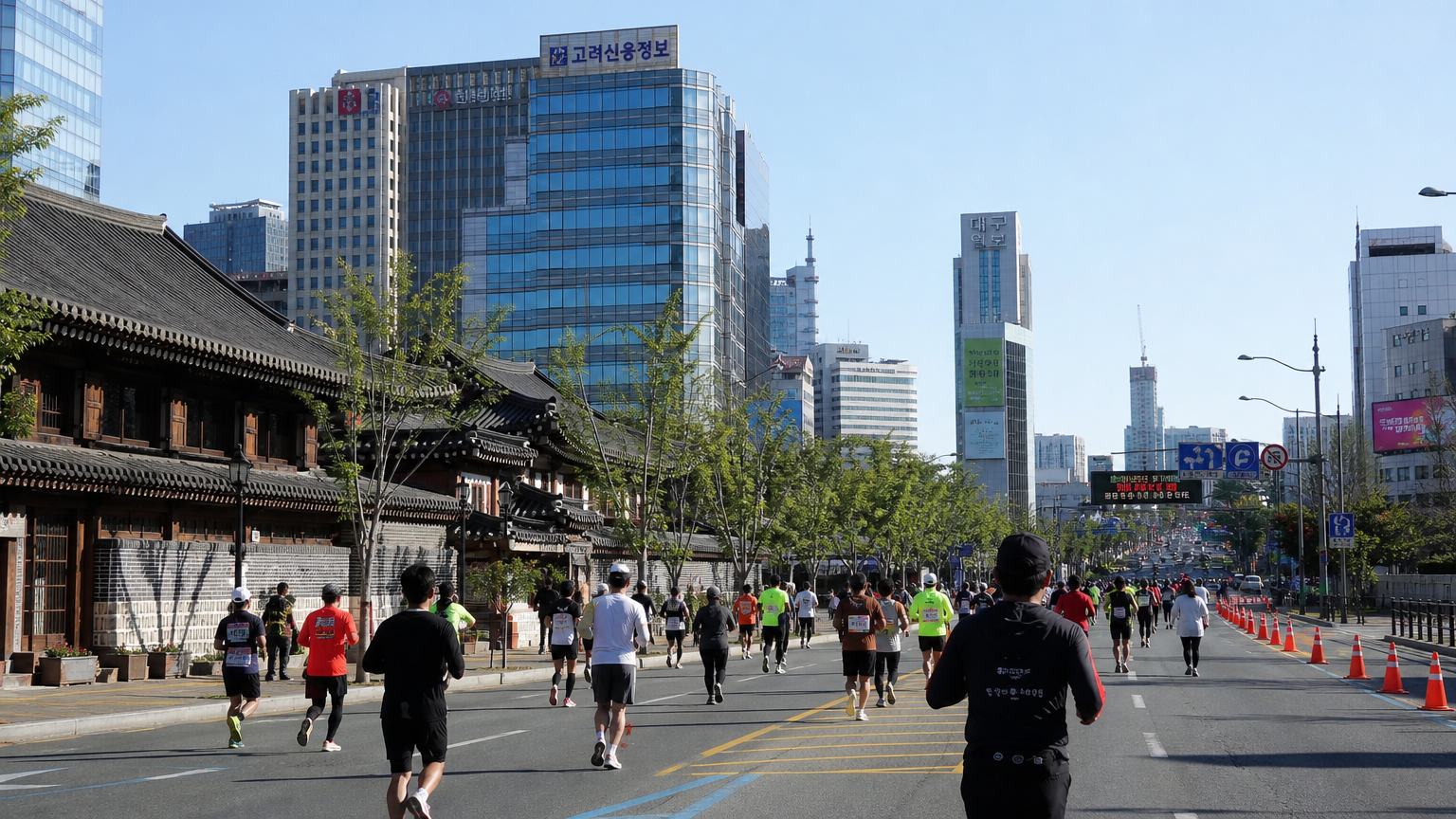 고층 빌딩과 근대 골목 사이를 달리는 참가자들