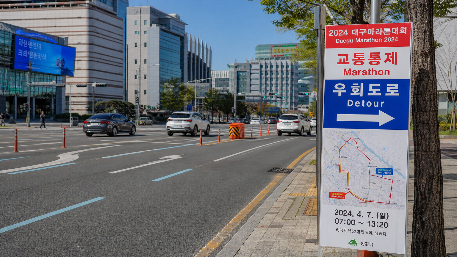 마라톤 코스를 피해가는 우회도로 안내 표지판이 있는 시내 도로