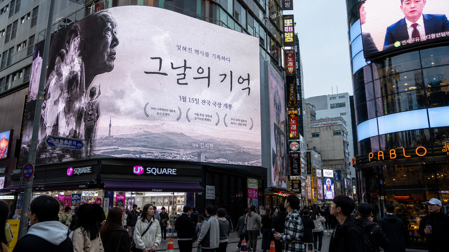 한국 도시 거리에서 다큐멘터리 영화 광고판을 지나가는 사람들