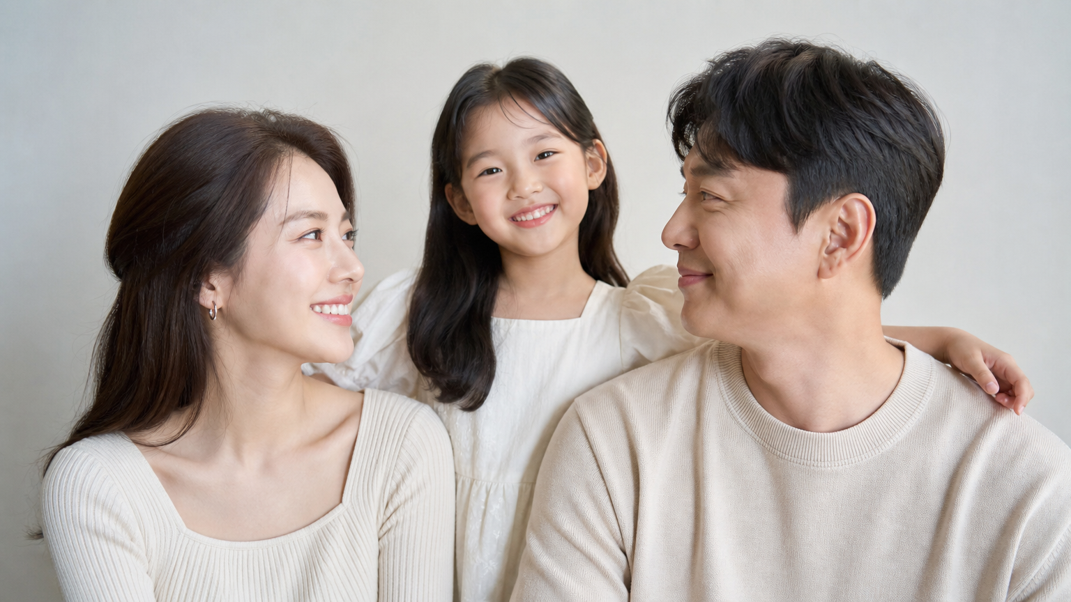 유명한 한국인 가족이 스튜디오에서 따뜻하게 미소 짓는 모습