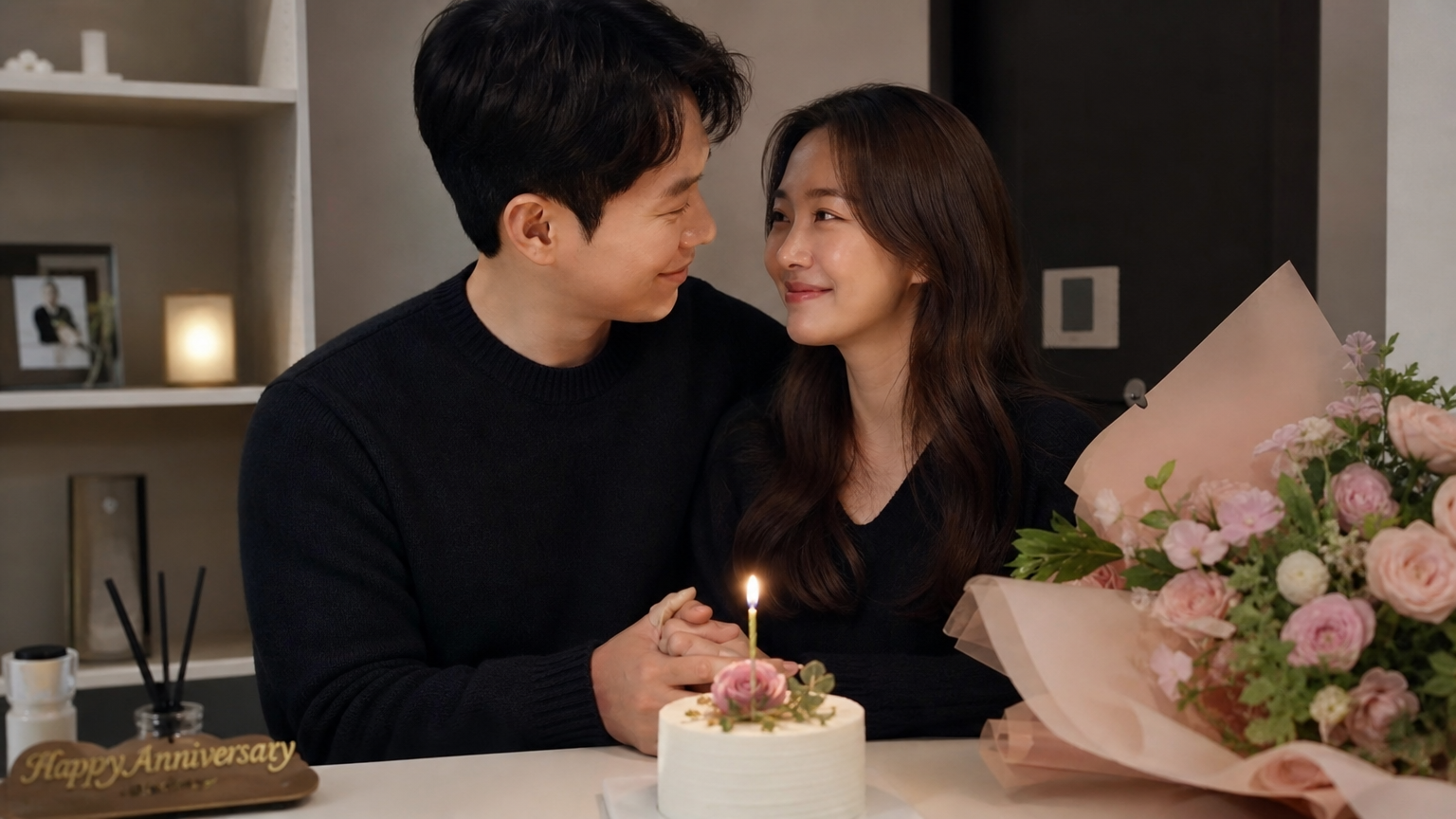 한국 부부가 집에서 기념일을 축하하며 케이크와 꽃과 함께 있는 모습