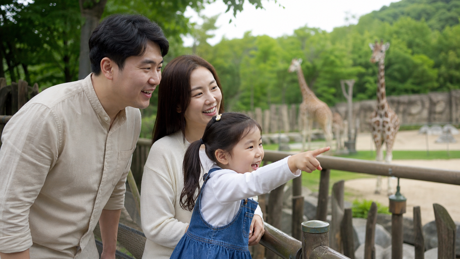 동물원에서 즐거운 시간을 보내고 있는 한국 가족의 모습