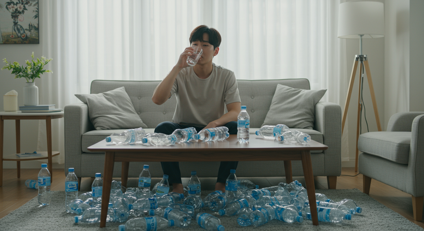 집에서 빈 물병들 사이로 자주 물을 마시는 남성의 모습