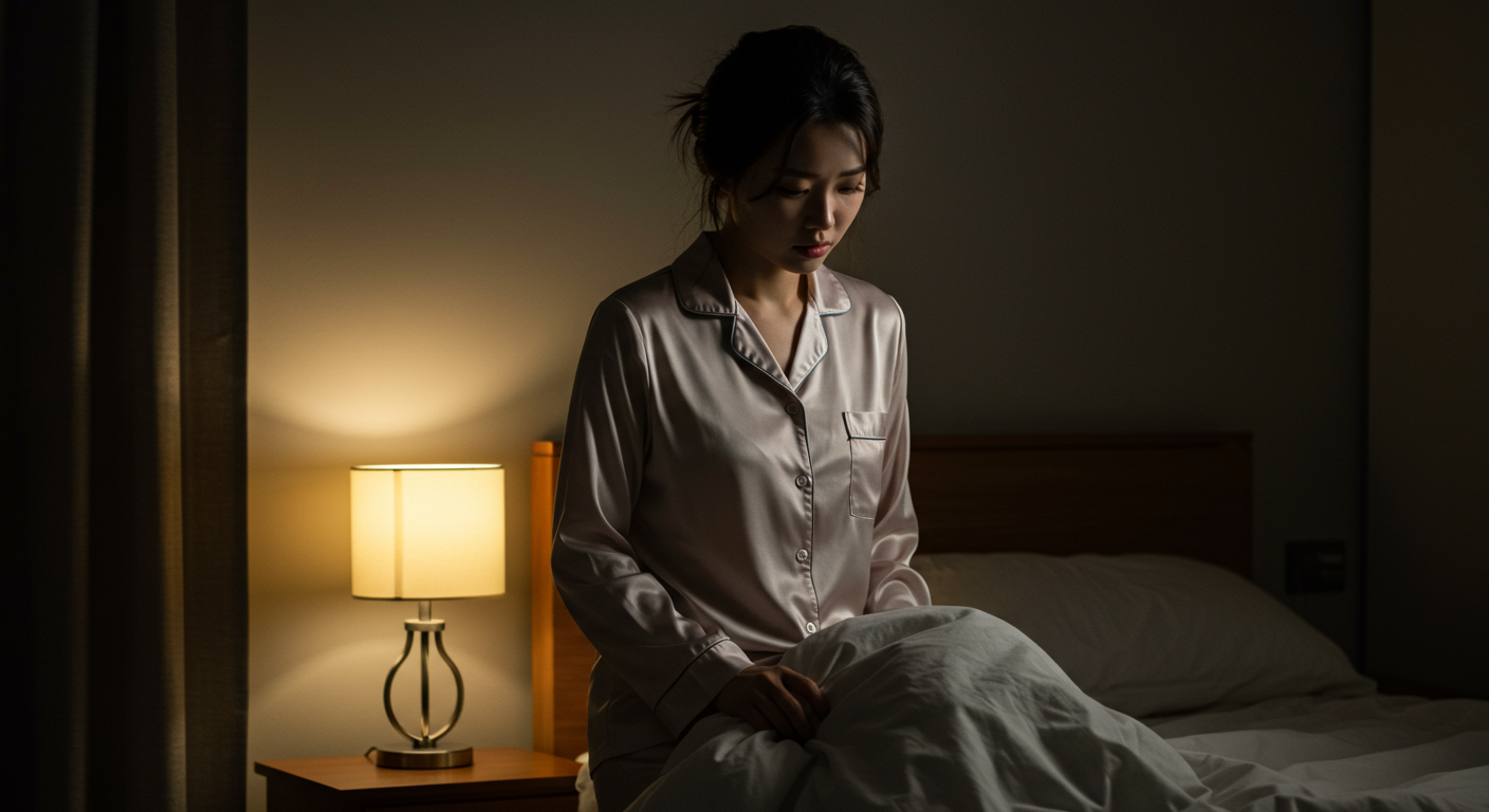 밤에 화장실을 자주 가기 위해 일어나는 여성의 모습