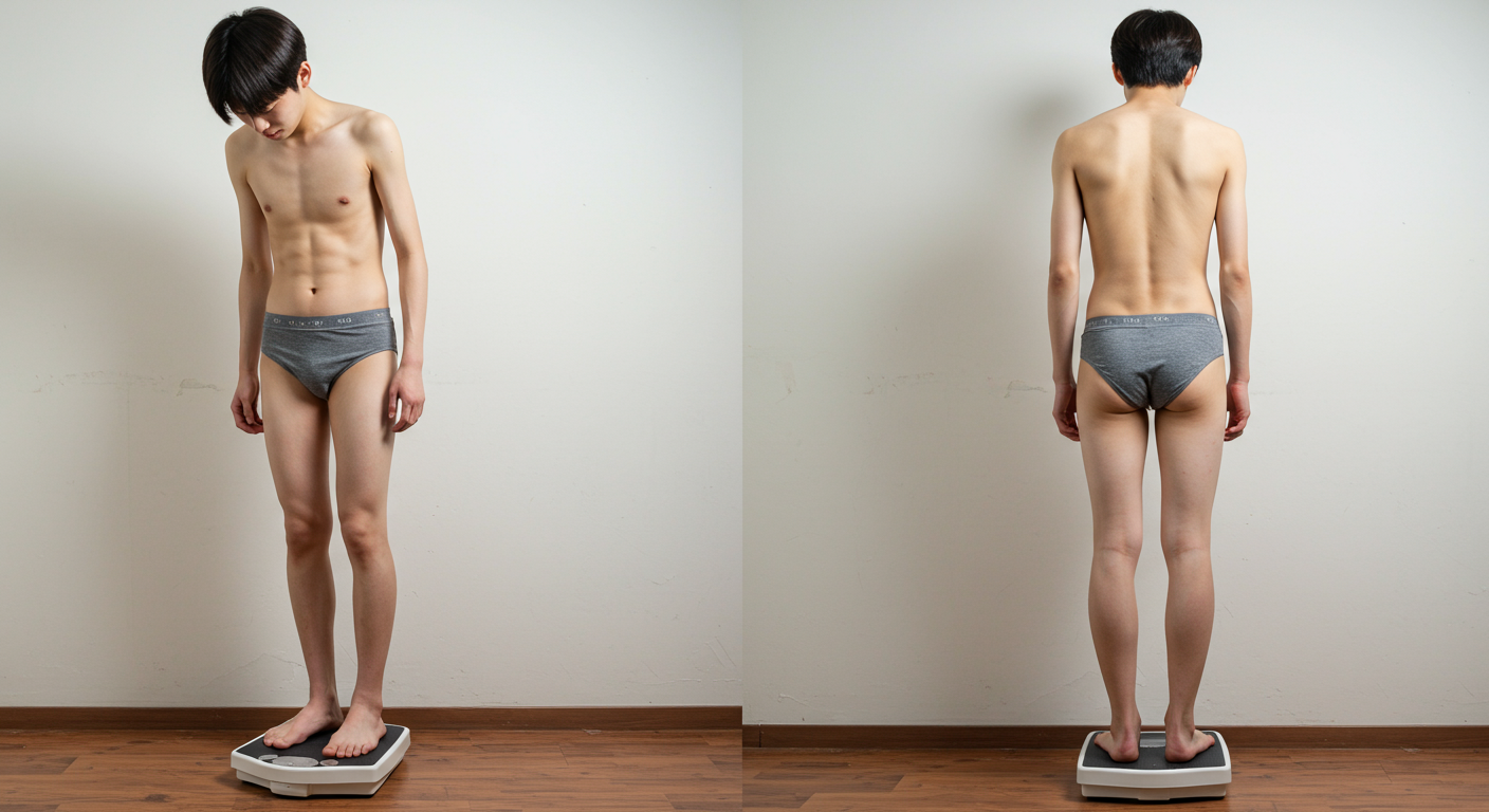 체중과 근육량이 줄어들어 걱정하는 젊은 성인의 모습