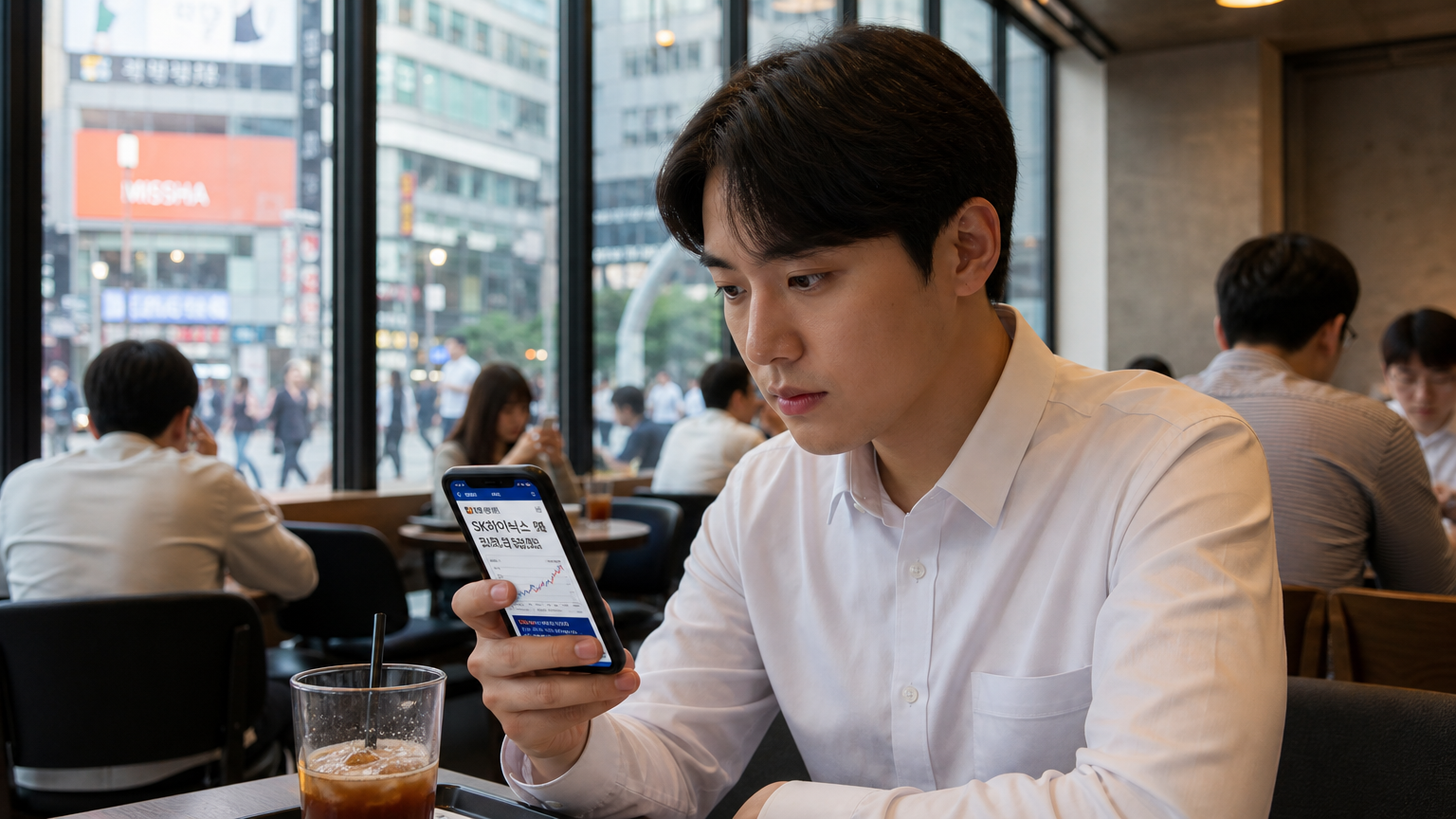 서울의 카페에서 스마트폰으로 SK하이닉스 관련 뉴스를 읽는 현대적인 직장인의 모습