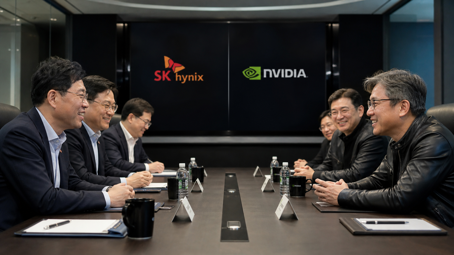 첨단 회의실에서 SK하이닉스와 엔비디아 간의 공급 계약을 논의하는 한국 임원들